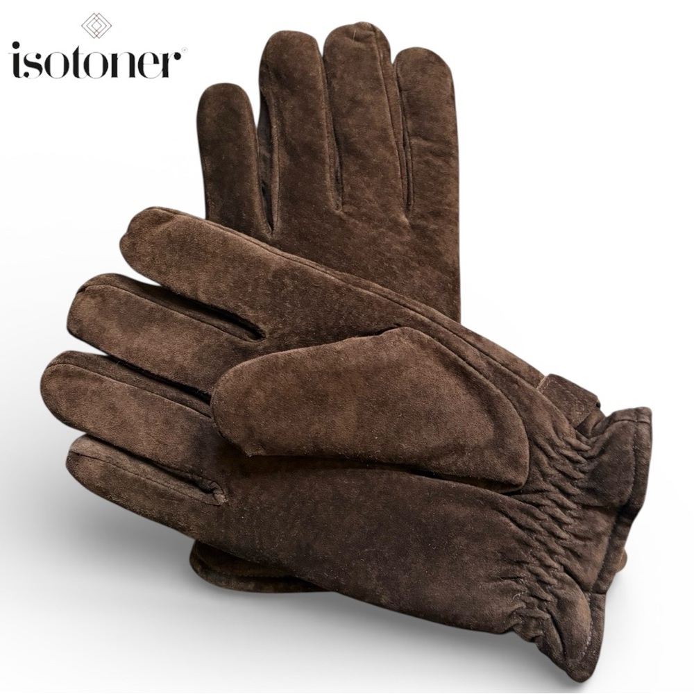 Isotoner Mens Aris 115 Dk Brown Suede Leather Gloves Velcro Wrist Strap | Size L